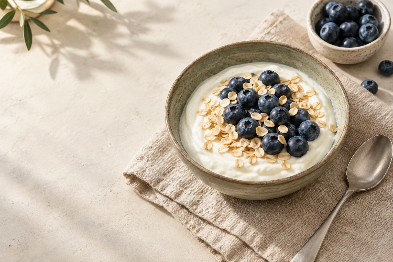 A bowl of yogurt, blueberries and oats on a warm linen table
